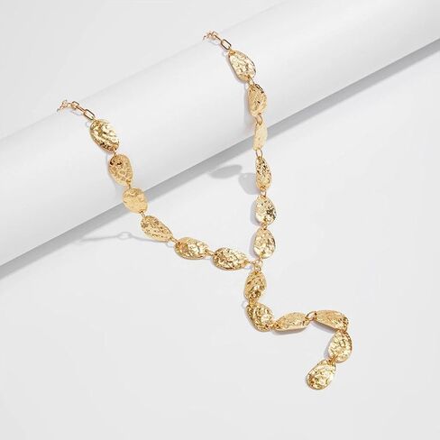 Gold Chunky Y Hammered Irregular Lariat Necklace for Women,Boho Organic Textured Matte Drop Statement Choker Necklace Minimalist Fashion Jewelry Gifts in Kuwait