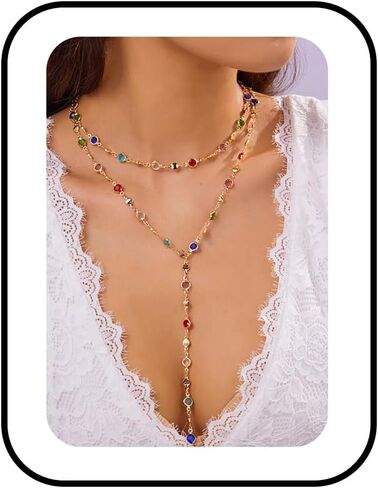 Gold Layered Necklace for Women 14k Gold Plated Y Long Choker Necklaces Boho Colorful Crystal Necklaces Wedding Party Prom Jewelry Accessories in Saudi Arabia