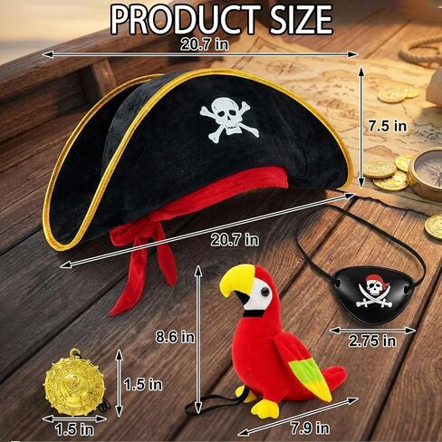 4-Piece Pirate Costume Set with Skull Headband and Shoulder Parrot, Pirate Hat, Ideal for Halloween Parties, Durable Plastic Material (Ages 14+) in Saudi Arabia