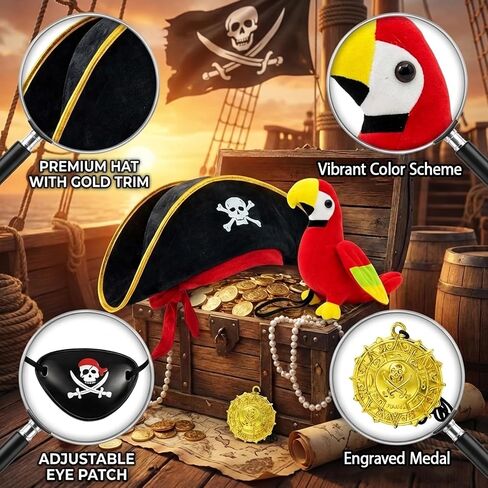 4-Piece Pirate Costume Set with Skull Headband and Shoulder Parrot, Pirate Hat, Ideal for Halloween Parties, Durable Plastic Material (Ages 14+) in Saudi Arabia