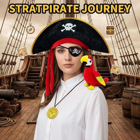 4-Piece Pirate Costume Set with Skull Headband and Shoulder Parrot, Pirate Hat, Ideal for Halloween Parties, Durable Plastic Material (Ages 14+) in Saudi Arabia