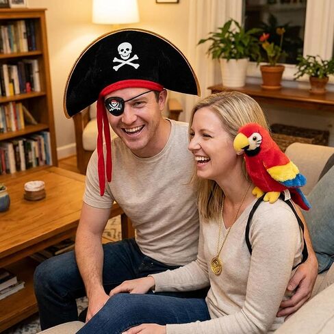 4-Piece Pirate Costume Set with Skull Headband and Shoulder Parrot, Pirate Hat, Ideal for Halloween Parties, Durable Plastic Material (Ages 14+) in Saudi Arabia