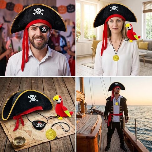 4-Piece Pirate Costume Set with Skull Headband and Shoulder Parrot, Pirate Hat, Ideal for Halloween Parties, Durable Plastic Material (Ages 14+) in Saudi Arabia