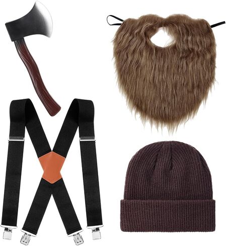 Chicingyou Lumberjack Costume Halloween Accessories Set Include Fake Axe Fake Beard Beanie Suspender for Men Women Cosplay in Kuwait
