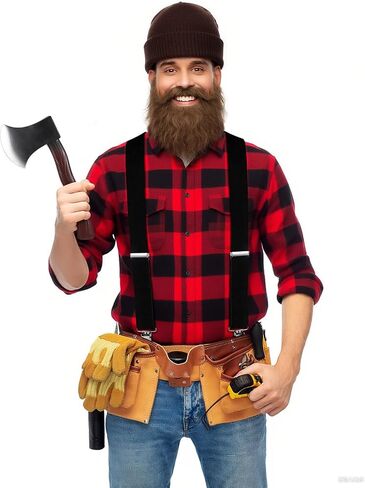 Chicingyou Lumberjack Costume Halloween Accessories Set Include Fake Axe Fake Beard Beanie Suspender for Men Women Cosplay in Kuwait