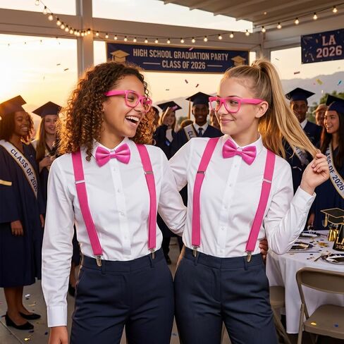 2 Set Neon Suspenders and Bow Tie Set & Non-Lens Glasses, Teacher Nerd Costume Party Accessories for Adults in Saudi Arabia