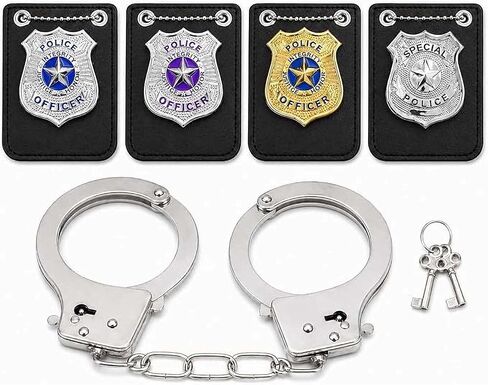 Police Officer Costume Accessories Set, 4 Unique Badges and 1 Metal Handcuffs with Keys, Theatrical Props for Adult Halloween, Cosplay and Film Production in Kuwait
