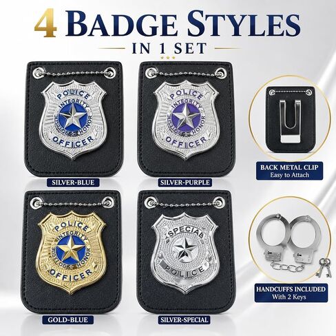 Police Officer Costume Accessories Set, 4 Unique Badges and 1 Metal Handcuffs with Keys, Theatrical Props for Adult Halloween, Cosplay and Film Production in Kuwait
