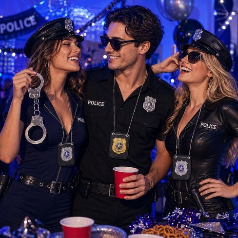 Police Officer Costume Accessories Set, 4 Unique Badges and 1 Metal Handcuffs with Keys, Theatrical Props for Adult Halloween, Cosplay and Film Production in Kuwait