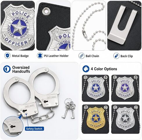 Police Officer Costume Accessories Set, 4 Unique Badges and 1 Metal Handcuffs with Keys, Theatrical Props for Adult Halloween, Cosplay and Film Production in Kuwait