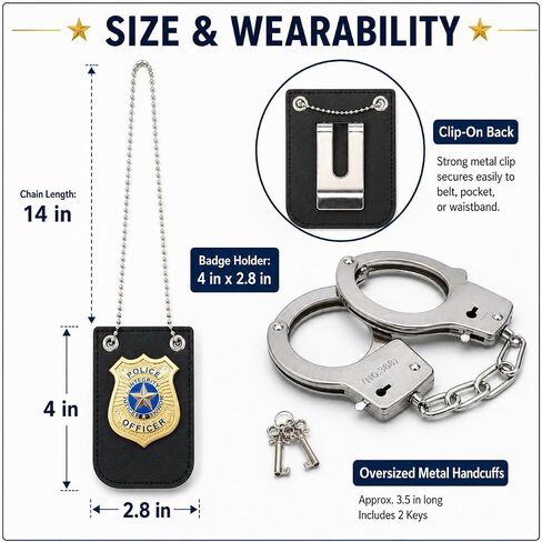 Police Officer Costume Accessories Set, 4 Unique Badges and 1 Metal Handcuffs with Keys, Theatrical Props for Adult Halloween, Cosplay and Film Production in Kuwait