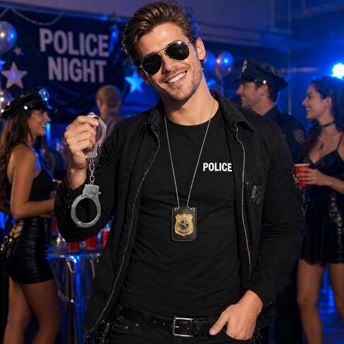 Police Officer Costume Accessories Set, 4 Unique Badges and 1 Metal Handcuffs with Keys, Theatrical Props for Adult Halloween, Cosplay and Film Production in Kuwait