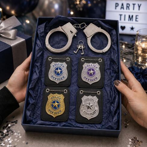Police Officer Costume Accessories Set, 4 Unique Badges and 1 Metal Handcuffs with Keys, Theatrical Props for Adult Halloween, Cosplay and Film Production in Kuwait