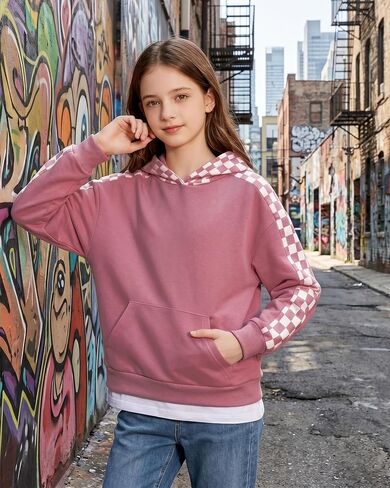 DISAUR Kids Hoodies for Girls Cute Plaid Long Sleeve Fashion Sweatshirts Checkered Pullover Tops Fall Outfits 4-12 Years in Saudi Arabia