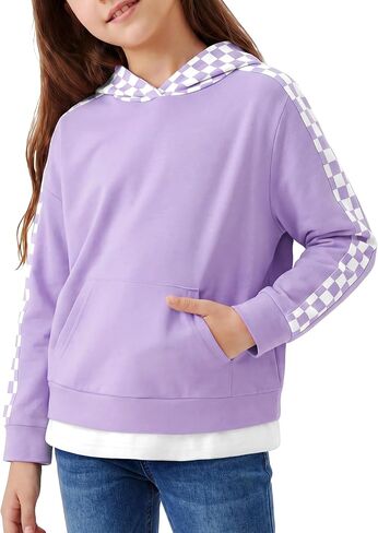 DISAUR Kids Hoodies for Girls Cute Plaid Long Sleeve Fashion Sweatshirts Checkered Pullover Tops Fall Outfits 4-12 Years in Saudi Arabia