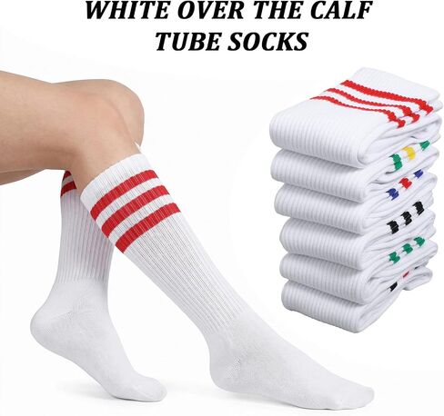 MAQUITA 6 Pairs Striped Tube Sock Knee High Socks for Men, Retro Athletic Cotton Long Socks, Size 10-13, Multi-Color Pack (9.06" Sole, 11.02" Tube) in Kuwait