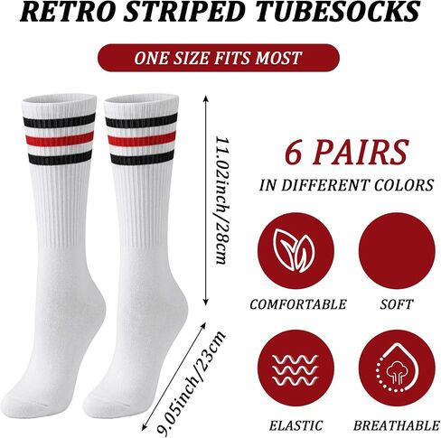 MAQUITA 6 Pairs Striped Tube Sock Knee High Socks for Men, Retro Athletic Cotton Long Socks, Size 10-13, Multi-Color Pack (9.06" Sole, 11.02" Tube) in Kuwait