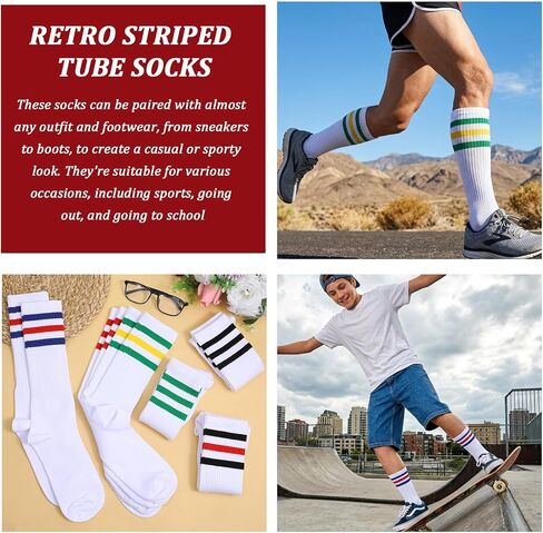 MAQUITA 6 Pairs Striped Tube Sock Knee High Socks for Men, Retro Athletic Cotton Long Socks, Size 10-13, Multi-Color Pack (9.06" Sole, 11.02" Tube) in Kuwait