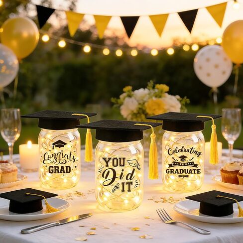 NOVWANG 6 Pcs Graduation Mason Jars, Light Up 2026 Graduation Table Centerpieces with Grad Hats for High School College Congrats Grad Decorations Class of 2026 Party Favors in Kuwait