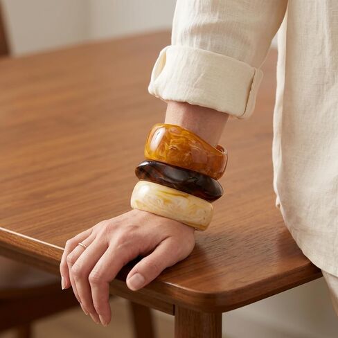 Chunky Bracelet Set for Women | 3-Pack Acrylic Resin Bangle Bracelets | Indian Style Brown & Colorful Statement Jewelry in Kuwait