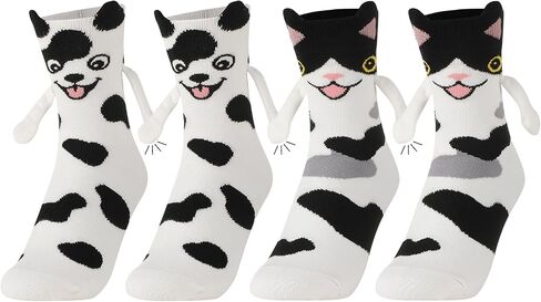 2 Pairs Magnetic Holding Hands Socks, Funny Cat Dog Hand in Hands Sock Novelty Animal Gift for Women Girl Cat Lover in Saudi Arabia