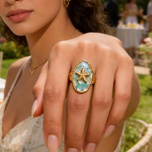Bohemian Starfish Adjustable Open Band Statement Ring for Women Men Elegant Gold-Tone Ocean Theme Statement Stacking Finger Band Rings Summer Beach Holiday Party Fashion Jewelry in Saudi Arabia