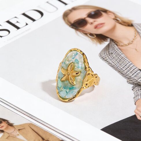 Bohemian Starfish Adjustable Open Band Statement Ring for Women Men Elegant Gold-Tone Ocean Theme Statement Stacking Finger Band Rings Summer Beach Holiday Party Fashion Jewelry in Saudi Arabia