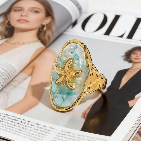 Bohemian Starfish Adjustable Open Band Statement Ring for Women Men Elegant Gold-Tone Ocean Theme Statement Stacking Finger Band Rings Summer Beach Holiday Party Fashion Jewelry in Saudi Arabia