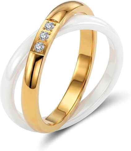 Double Band Stackable Ring for Women, 18K Gold Plated & White Ceramic in Saudi Arabia