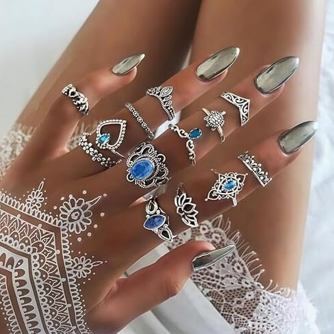 9Pcs Vintage Silver Knuckle Rings Set for Women - Boho Gothic Stackable Joint Finger Midi Rings Pack, Retro Chunky Statement Jewelry Gifts for Women in Kuwait