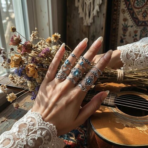 9Pcs Vintage Silver Knuckle Rings Set for Women - Boho Gothic Stackable Joint Finger Midi Rings Pack, Retro Chunky Statement Jewelry Gifts for Women in Kuwait
