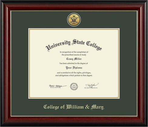 William & Mary 13" w x 10" h Diploma Frame - Fits a bachelor's, master's and phd - Gold Engraved Medallion Diploma Frame - Cherry Moulding with Williamsburg Green and Gold Matting in Kuwait