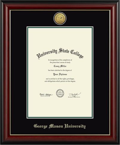 George Mason University 10" w x 14" h Diploma Frame - Fits a bachelor's, master's and phd - Gold Engraved Medallion Diploma Frame - Cherry Moulding with Black and Tartan Green Matting in Kuwait