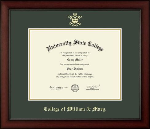 William & Mary 13"w x 10"h Diploma Frame - Fits a bachelor's, master's and phd - Gold Embossed Diploma Frame - Cherry Moulding with Williamsburg Green and Gold Matting - Officially Licensed in Kuwait