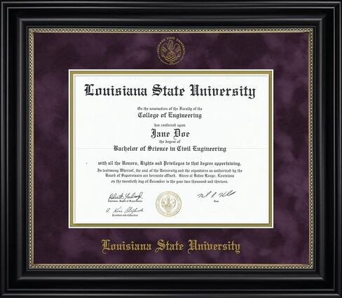 Louisiana State University LSU Diploma Frame - Officially Licensed - Black Wood Frame with Gold Bead Detail with Purple Suede and Gold Mats in Kuwait
