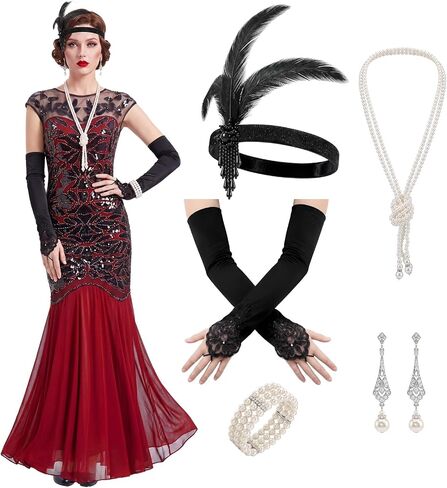 6 Pcs 1920s Dark Red Sequin Evening Prom Dress with 20s Flapper Accessories Set in Kuwait