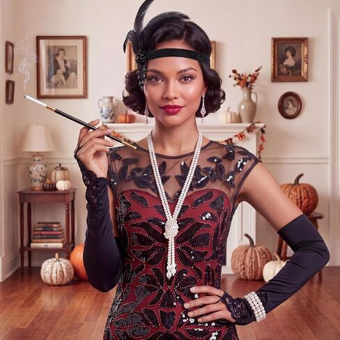 6 Pcs 1920s Dark Red Sequin Evening Prom Dress with 20s Flapper Accessories Set in Kuwait