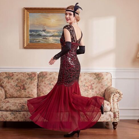 6 Pcs 1920s Dark Red Sequin Evening Prom Dress with 20s Flapper Accessories Set in Kuwait