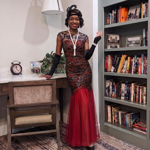 6 Pcs 1920s Dark Red Sequin Evening Prom Dress with 20s Flapper Accessories Set in Kuwait