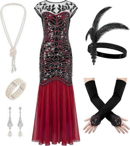 6 Pcs 1920s Dark Red Sequin Evening Prom Dress with 20s Flapper Accessories Set in Kuwait