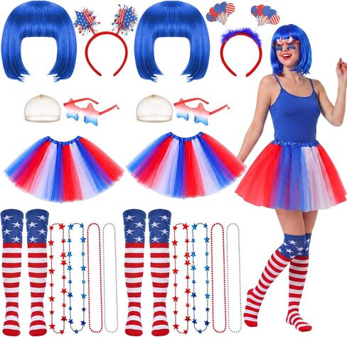 Shyyween 18 Pcs 4th of July Tutu Costume Set Patriotic Outfit for Women Red White and Blue Tutu Skirt Headband Glasses Wig Necklace Stocking for Women Independence Day Cosplay Party Accessories in Kuwait