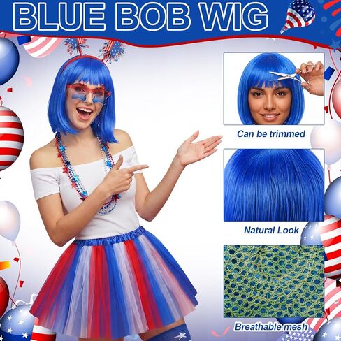 Shyyween 18 Pcs 4th of July Tutu Costume Set Patriotic Outfit for Women Red White and Blue Tutu Skirt Headband Glasses Wig Necklace Stocking for Women Independence Day Cosplay Party Accessories in Kuwait