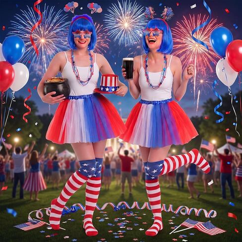 Shyyween 18 Pcs 4th of July Tutu Costume Set Patriotic Outfit for Women Red White and Blue Tutu Skirt Headband Glasses Wig Necklace Stocking for Women Independence Day Cosplay Party Accessories in Kuwait