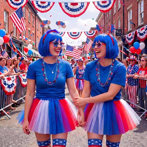 Shyyween 18 Pcs 4th of July Tutu Costume Set Patriotic Outfit for Women Red White and Blue Tutu Skirt Headband Glasses Wig Necklace Stocking for Women Independence Day Cosplay Party Accessories in Kuwait