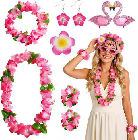 Pink Hawaiian Leis Set, 6PCS Hawaiian Accessories Flower Necklace Headband Bracelets Hair Clip Sunglasses Earrings for Luau Party Summer Beach Wedding Birthday Graduation Party Celebrations in Kuwait
