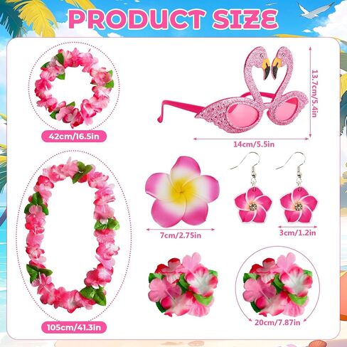 Pink Hawaiian Leis Set, 6PCS Hawaiian Accessories Flower Necklace Headband Bracelets Hair Clip Sunglasses Earrings for Luau Party Summer Beach Wedding Birthday Graduation Party Celebrations in Kuwait