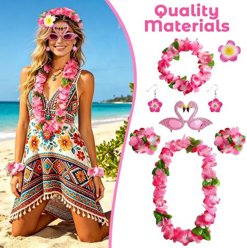 Pink Hawaiian Leis Set, 6PCS Hawaiian Accessories Flower Necklace Headband Bracelets Hair Clip Sunglasses Earrings for Luau Party Summer Beach Wedding Birthday Graduation Party Celebrations in Kuwait