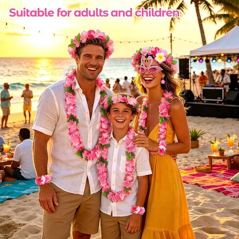 Pink Hawaiian Leis Set, 6PCS Hawaiian Accessories Flower Necklace Headband Bracelets Hair Clip Sunglasses Earrings for Luau Party Summer Beach Wedding Birthday Graduation Party Celebrations in Kuwait