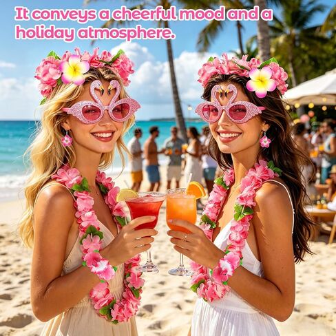 Pink Hawaiian Leis Set, 6PCS Hawaiian Accessories Flower Necklace Headband Bracelets Hair Clip Sunglasses Earrings for Luau Party Summer Beach Wedding Birthday Graduation Party Celebrations in Kuwait