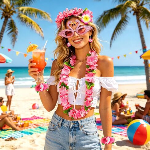 Pink Hawaiian Leis Set, 6PCS Hawaiian Accessories Flower Necklace Headband Bracelets Hair Clip Sunglasses Earrings for Luau Party Summer Beach Wedding Birthday Graduation Party Celebrations in Kuwait